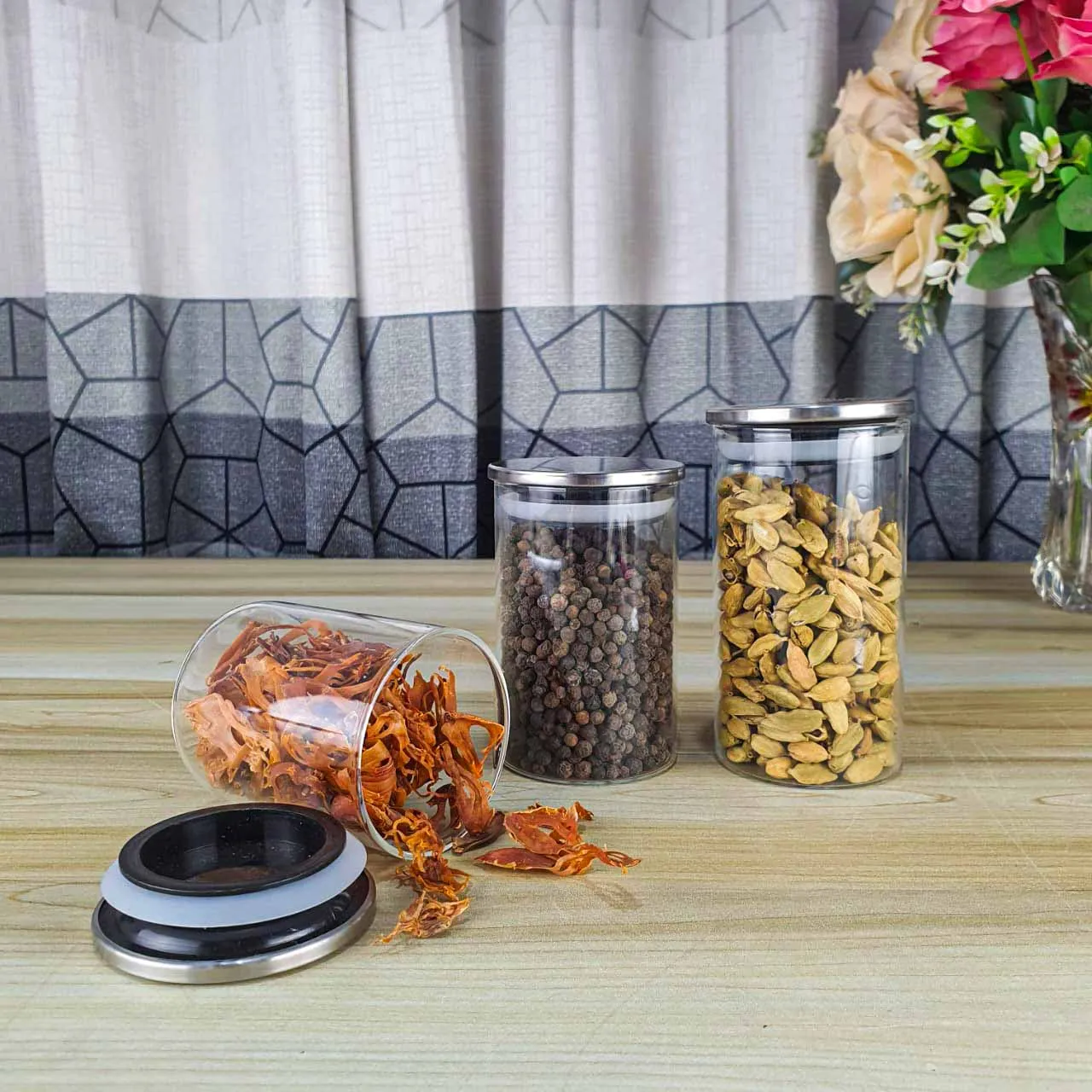 3pcs Round Steel lid Glass jar FTK 01249
