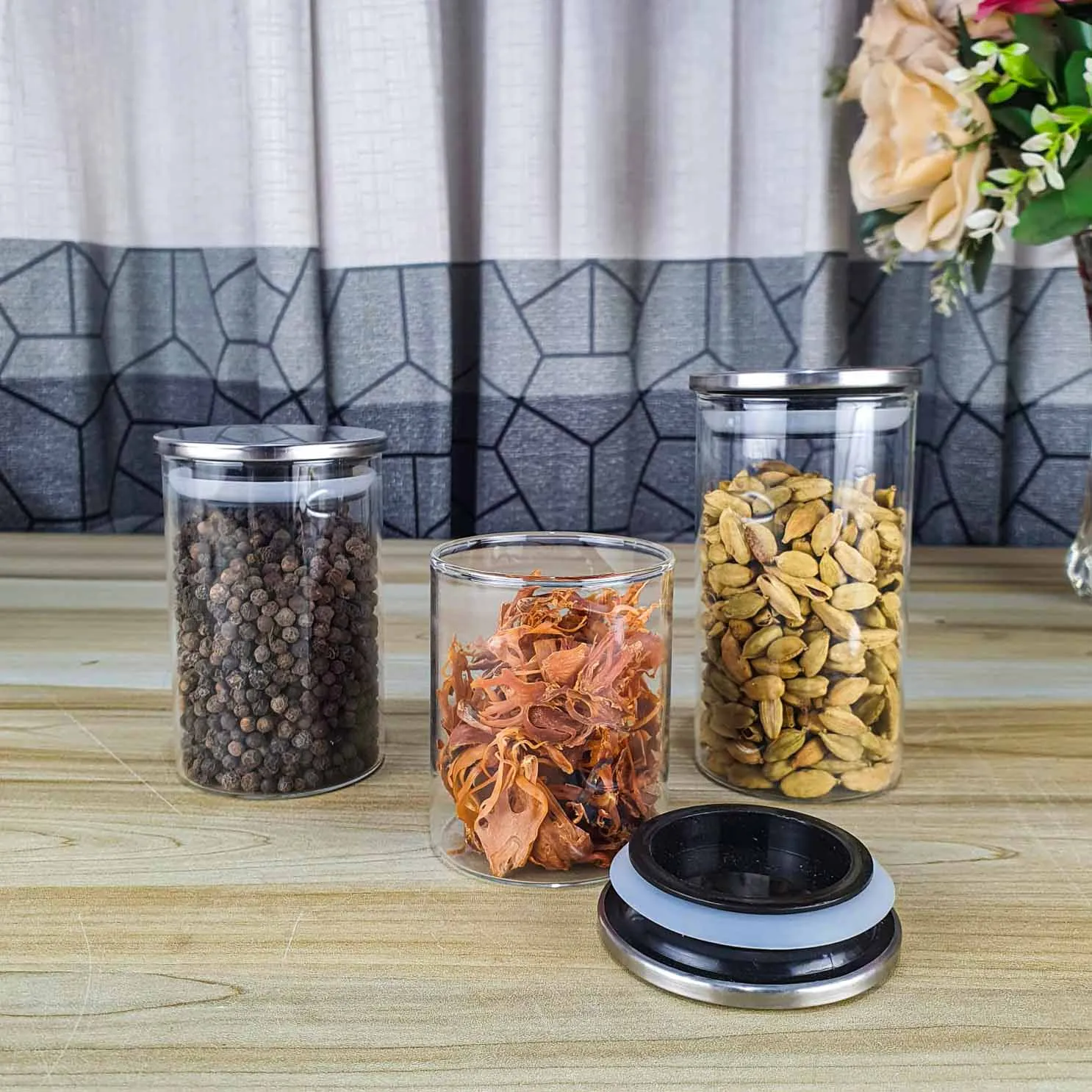 3pcs Round Steel lid Glass jar FTK 01249
