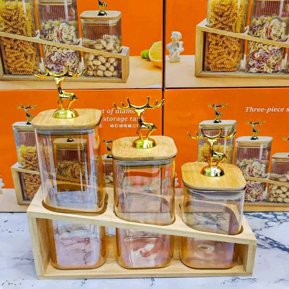 3pcs Square Deer Lid Jar with Stand 01177