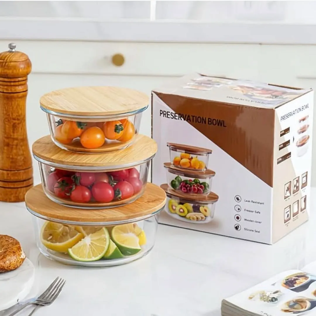 3pcs Wooden lid Round Airtight Bati Set 01401