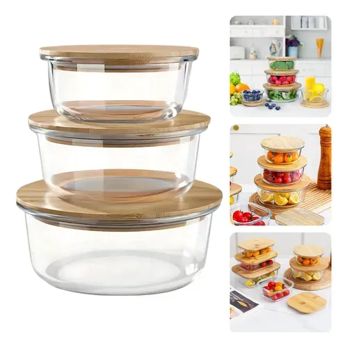 3pcs Wooden lid Round Airtight Bati Set 01401