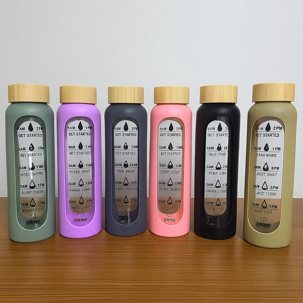 Silicone Wooden Lid Time Mark Water Bottle 01269