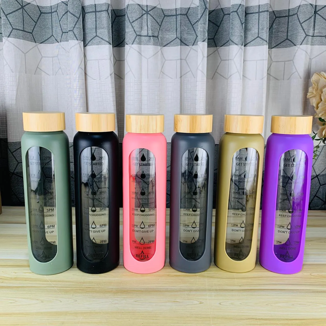 Silicone Wooden Lid Time Mark Water Bottle 01269