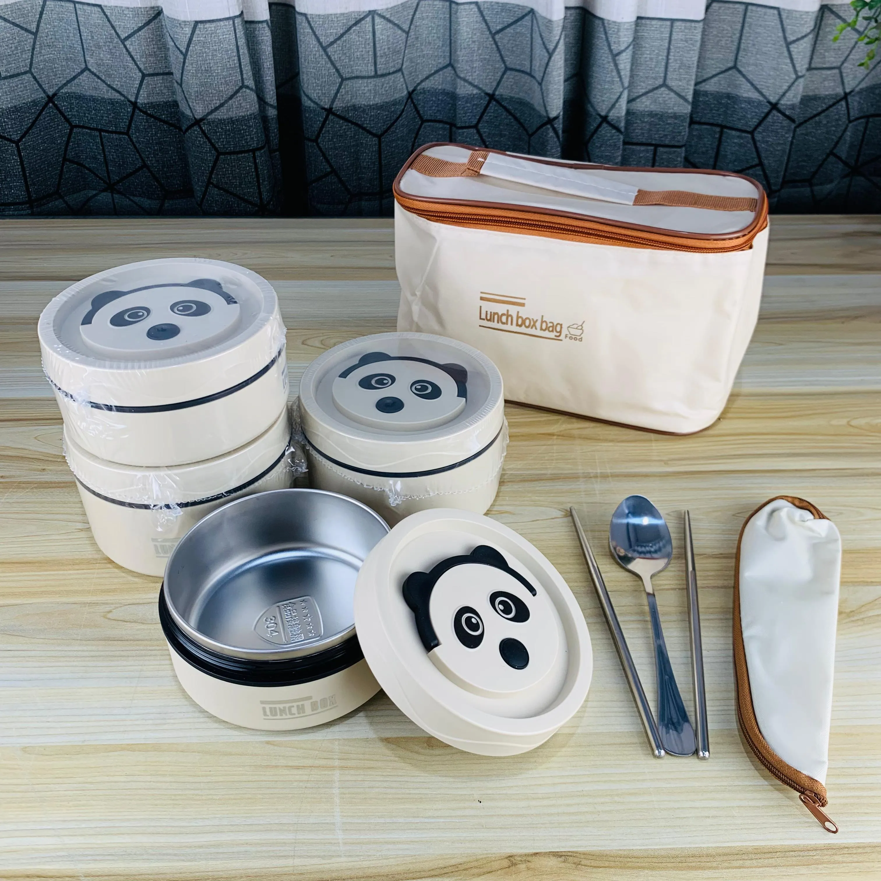 4Pcs Stainless steel Lunch box with bag (PANDA)