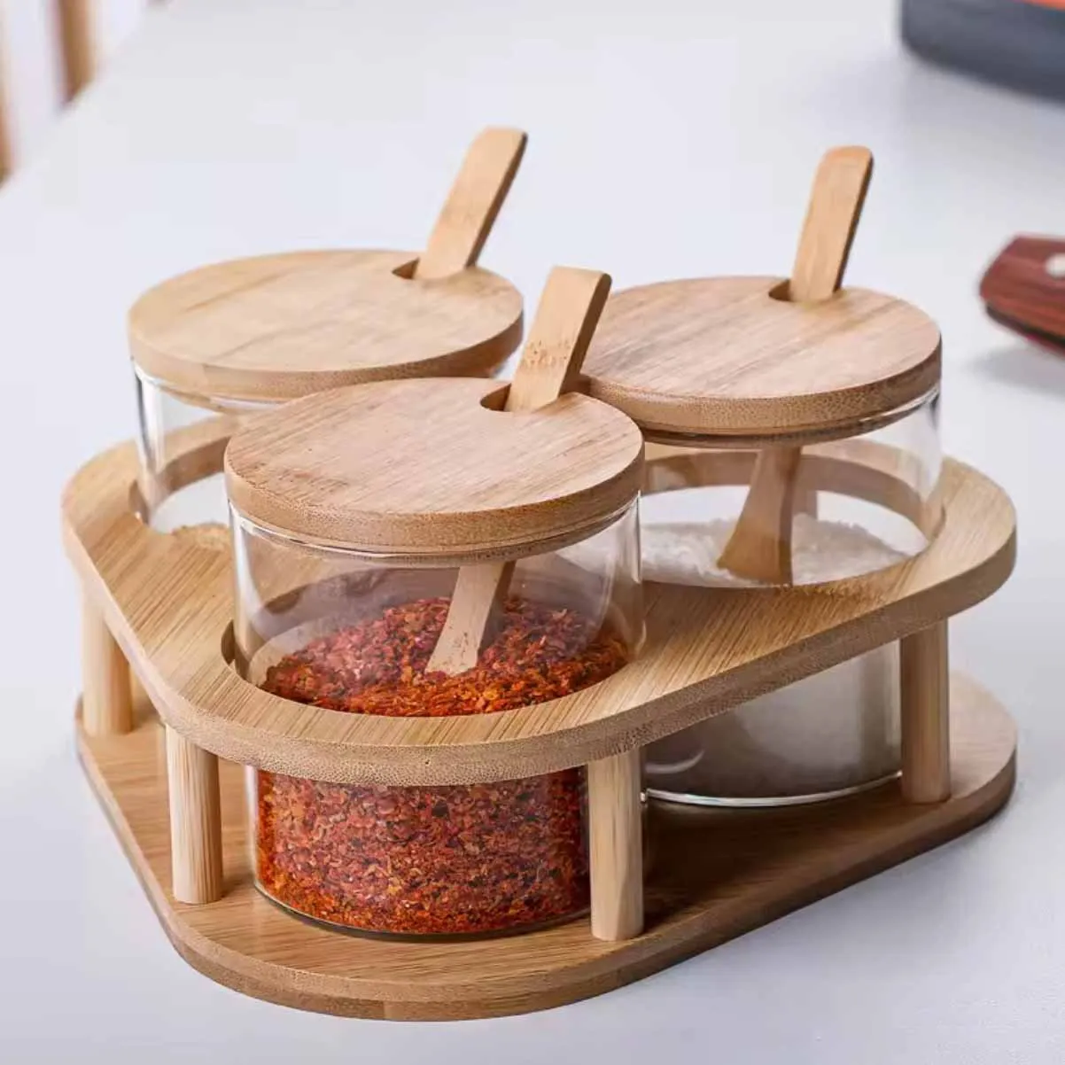 3pcs Glass Jar Wooden Lid With Spoon & Stand 00967