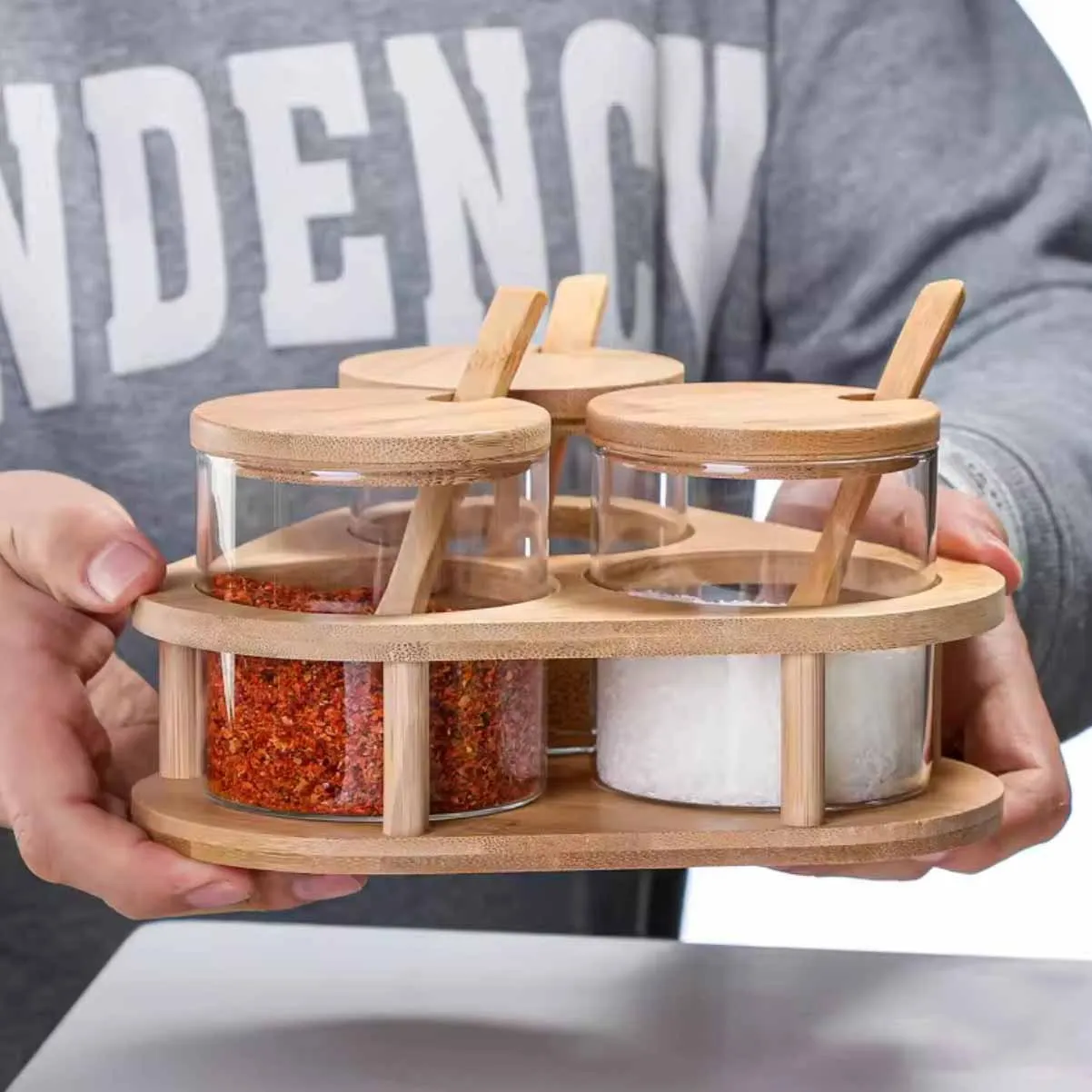 3pcs Glass Jar Wooden Lid With Spoon & Stand 00967