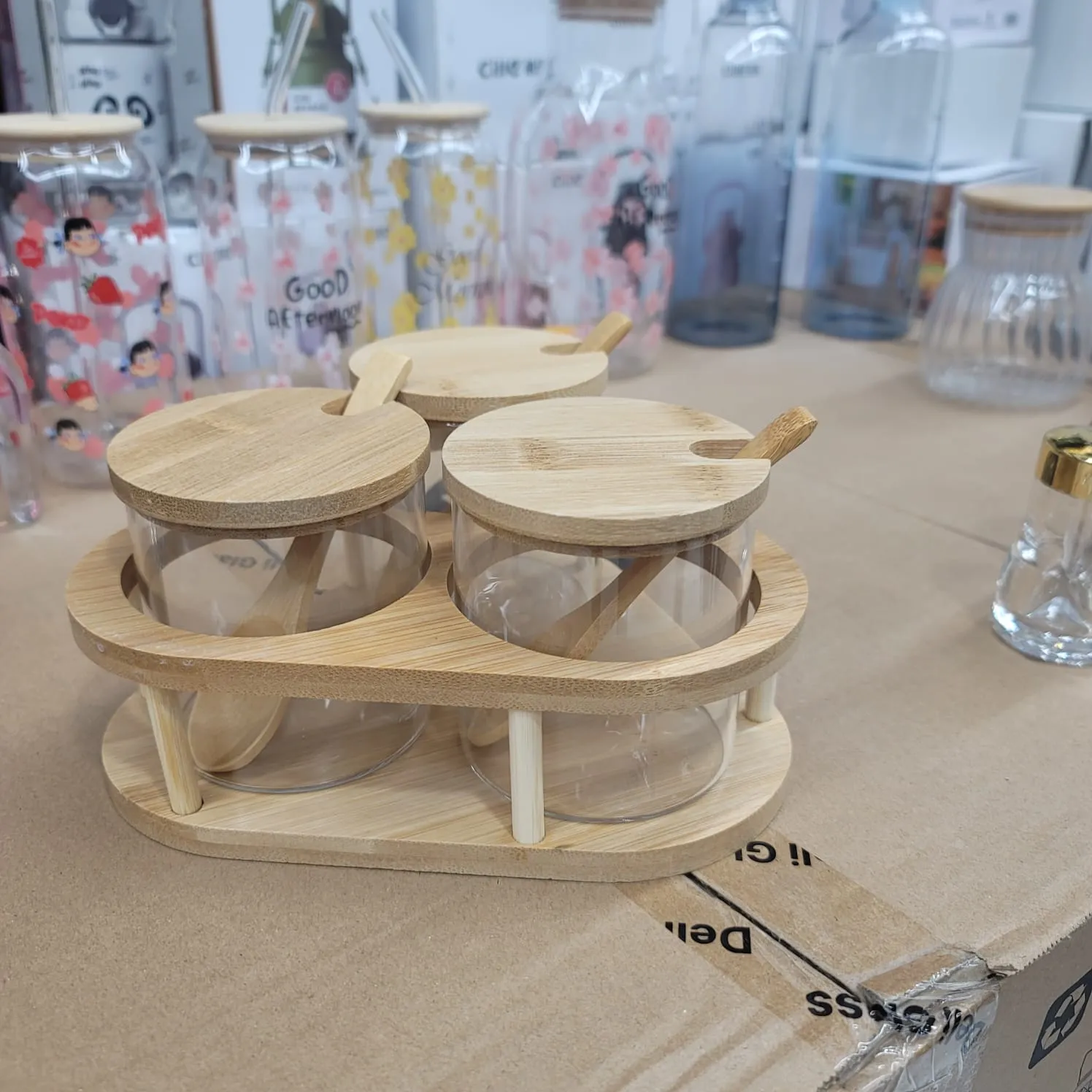 3pcs Glass Jar Wooden Lid With Spoon & Stand 00967 - Image 3