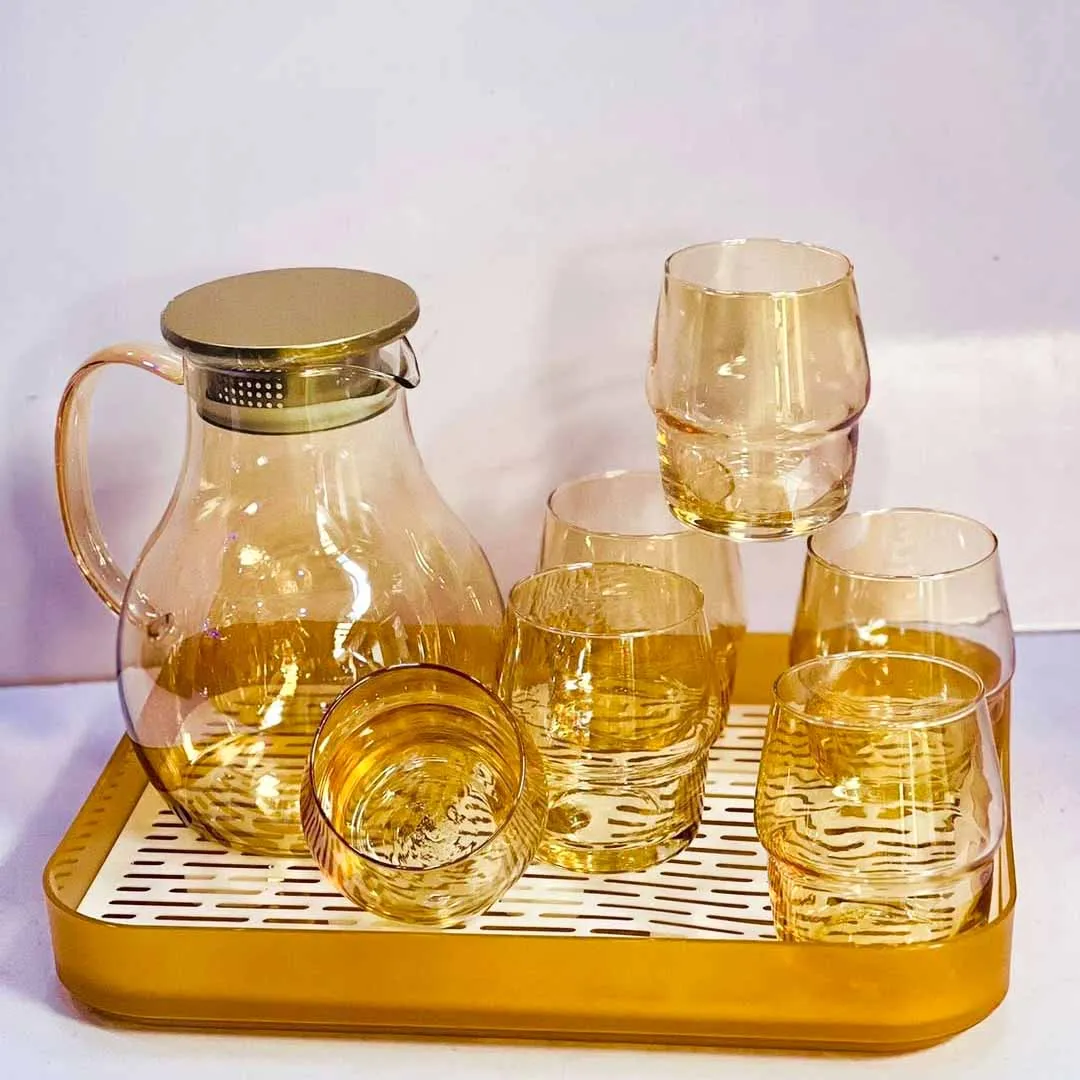 7pcs Golden Round Jug Set with tray 01042