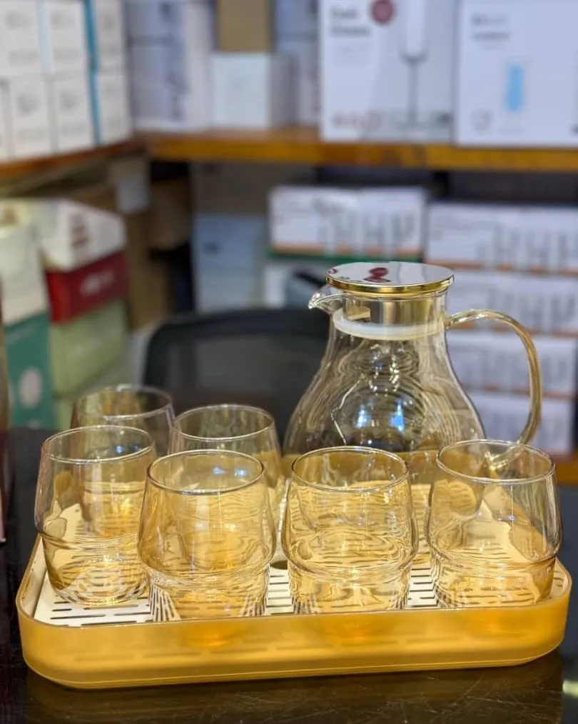 7pcs Golden Round Jug Set with tray 01042