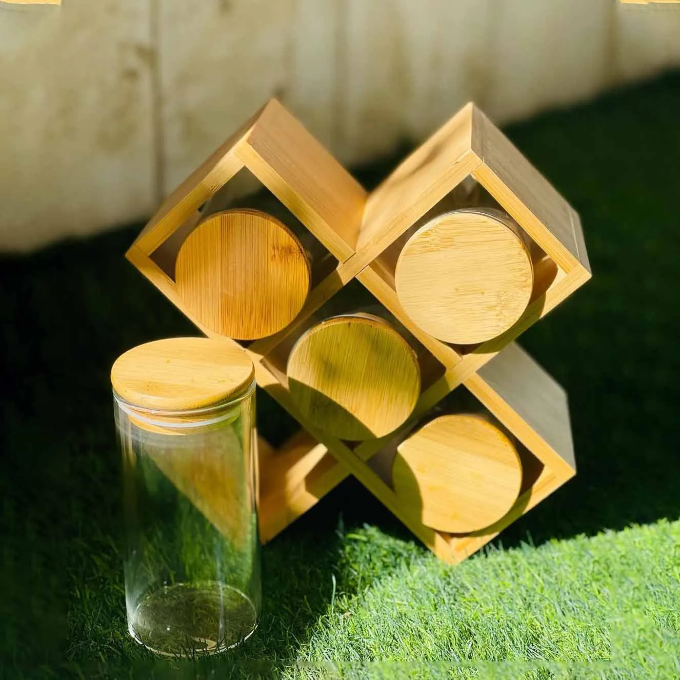 5pcs Wooden Lid Jar Set With Stand 01002