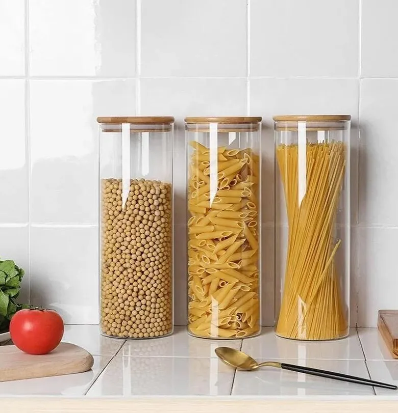 3psc 500ml Round Glass jar Wooden lid 46-31