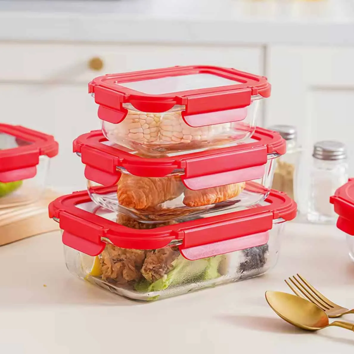 3pcs Red Glass Lid Airtight Bati Set 01221