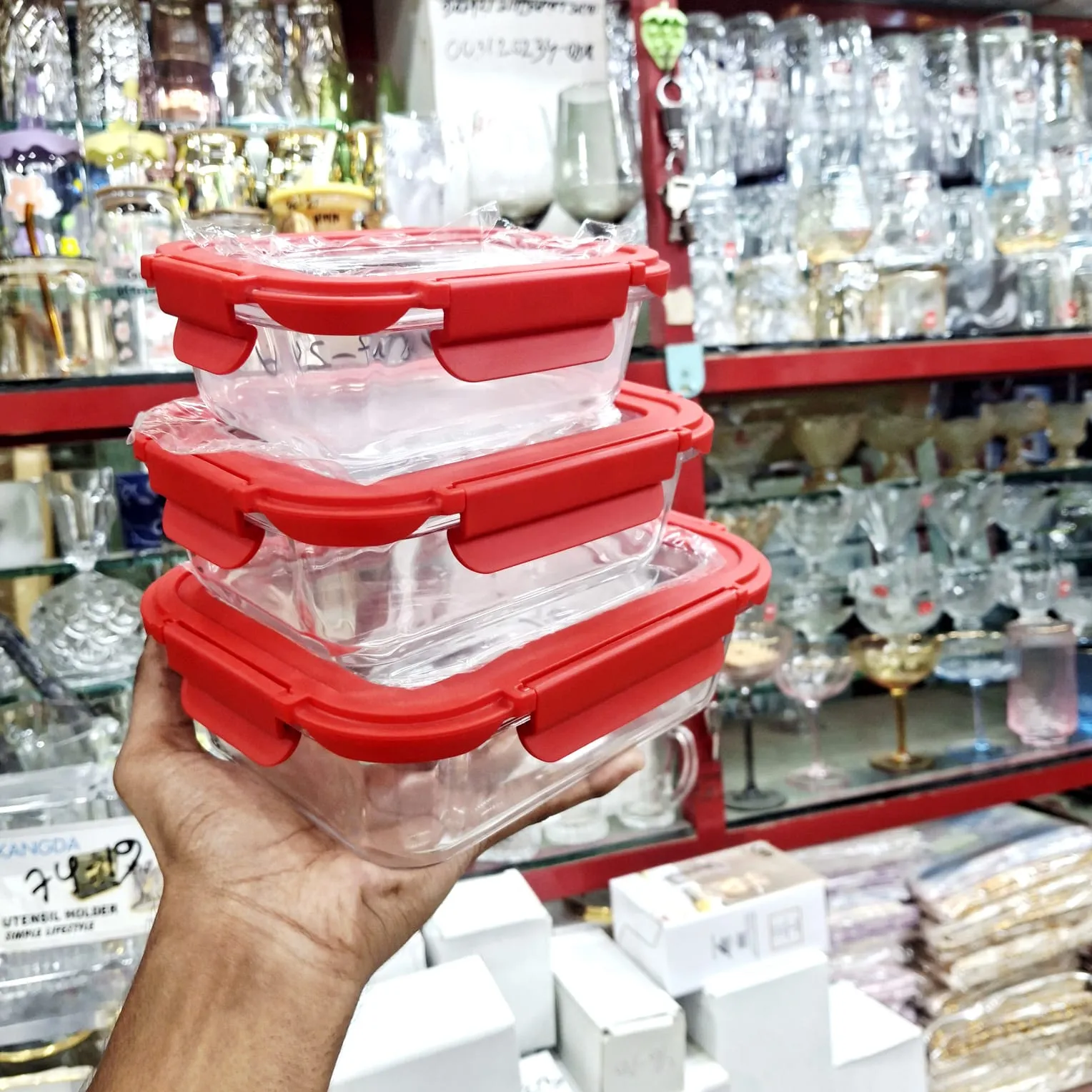 3pcs Red Glass Lid Airtight Bati Set 01221 - Image 3