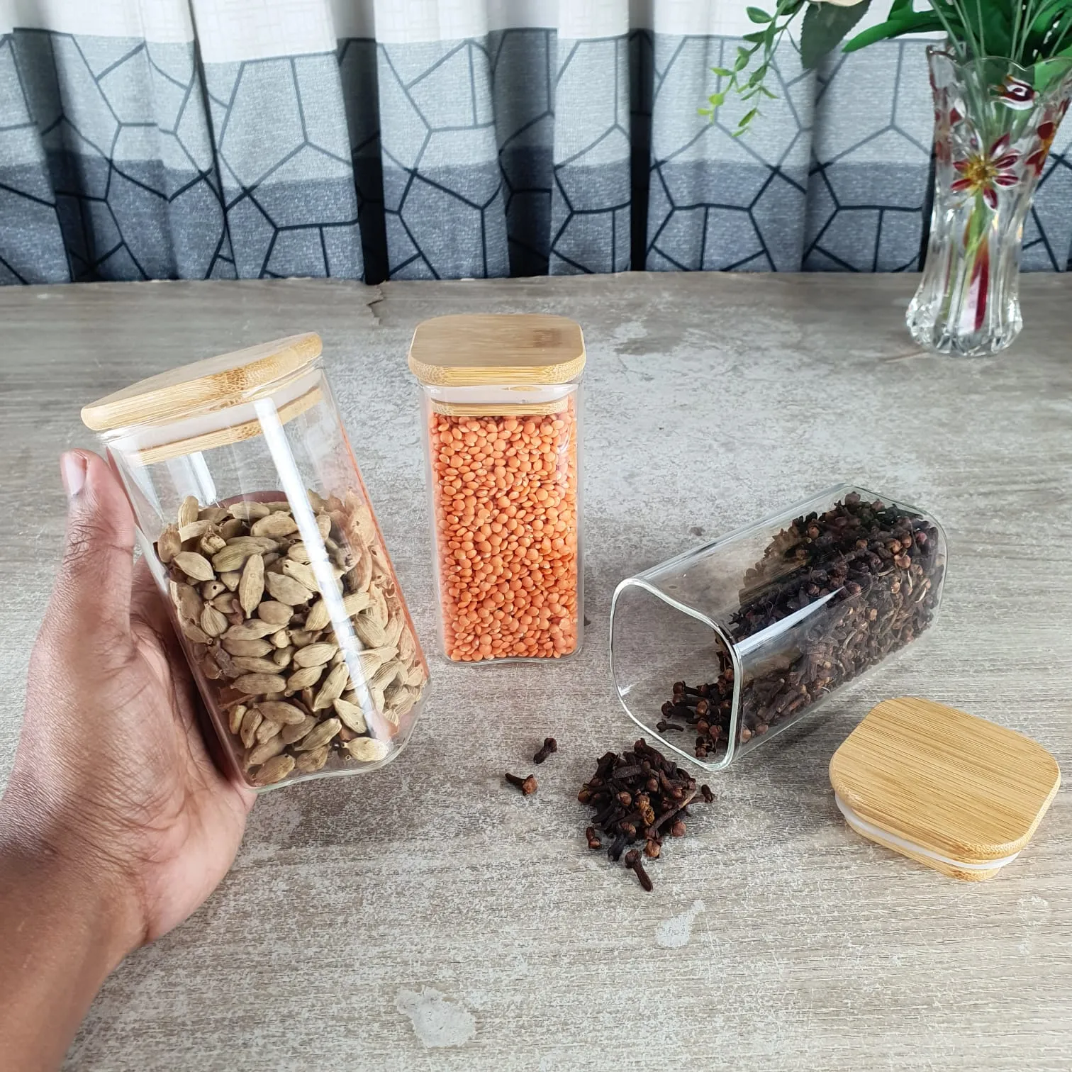 3pcs 300ml Square Glass Jar 46-45 With Wooden Lid 00824