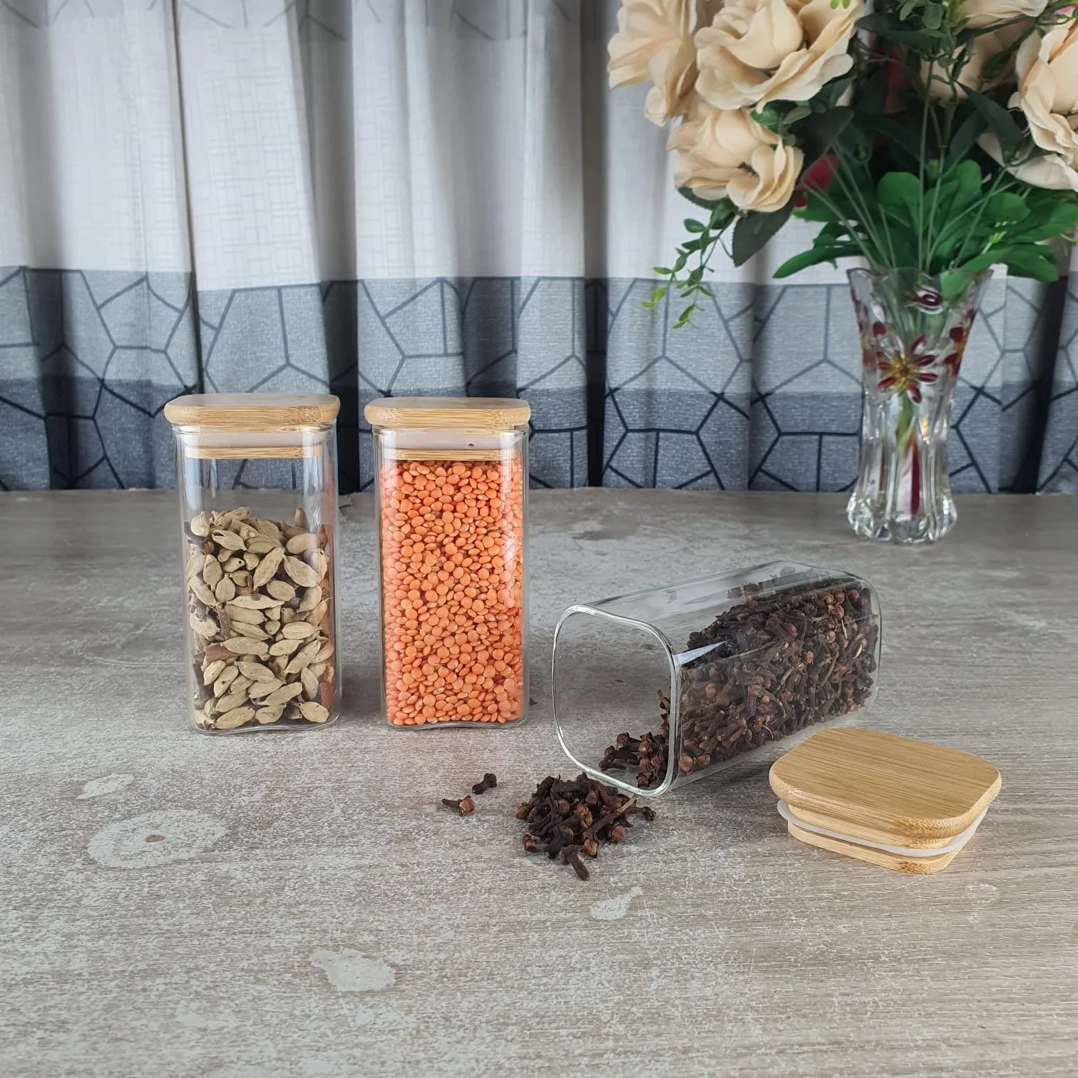 3pcs 300ml Square Glass Jar 46-45 With Wooden Lid 00824