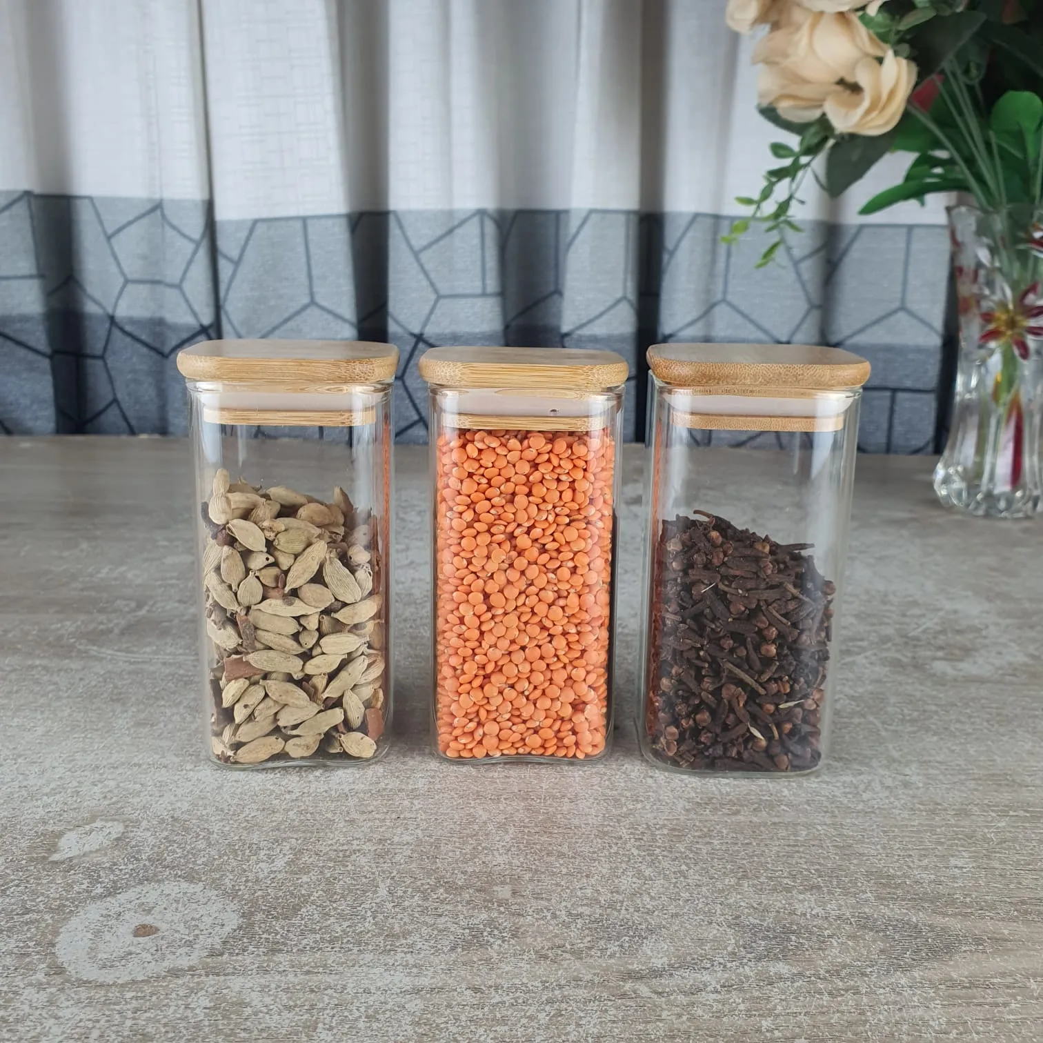 3pcs 300ml Square Glass Jar 46-45 With Wooden Lid 00824 - Image 3