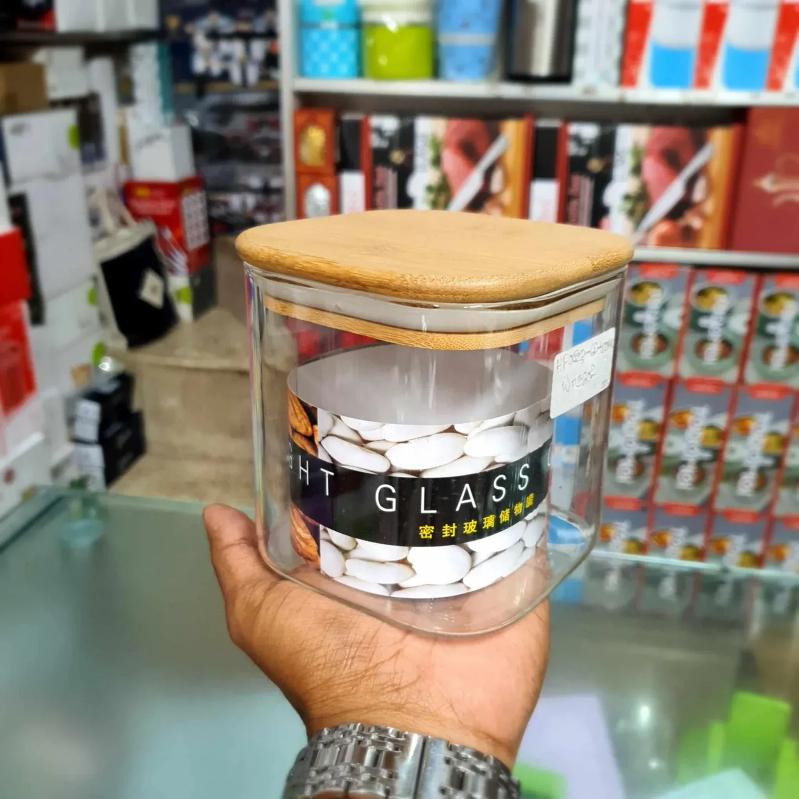 3pcs 600ml glass jar square wooden lid 00019