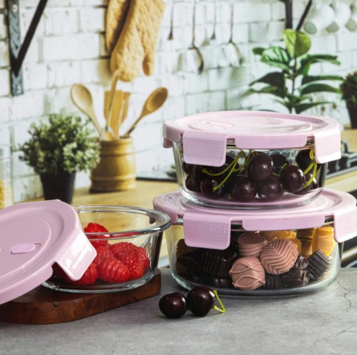 3pcs Round Pink Airtight Bati Set 01270