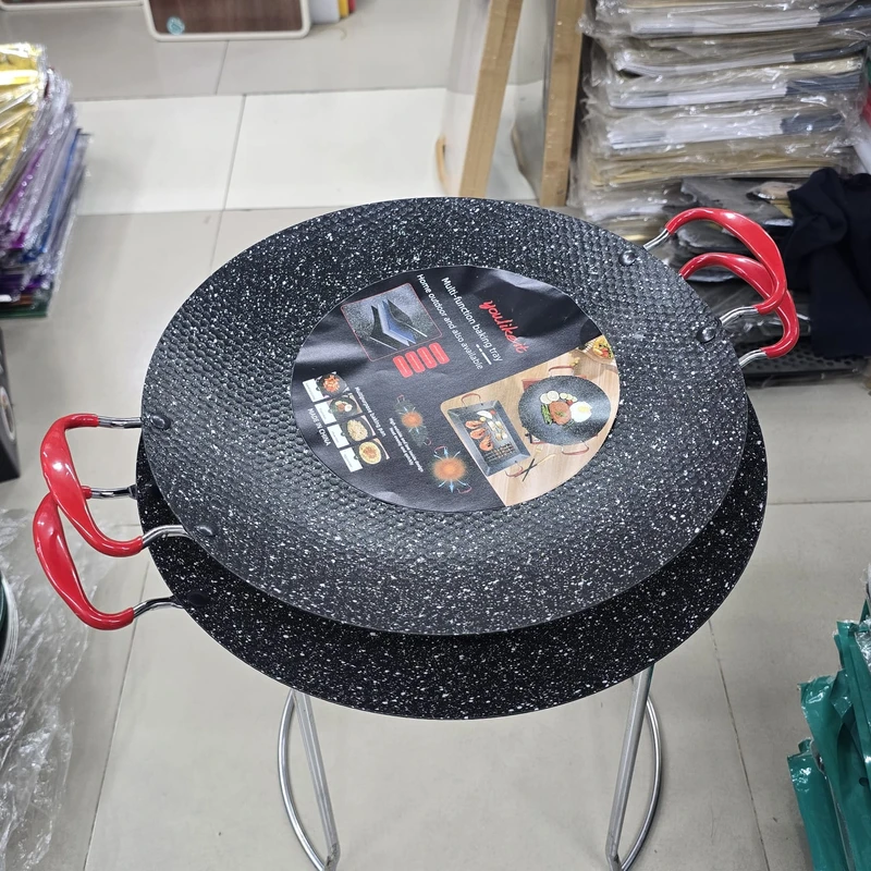 BBQ Gill Plate, Anti Scalding Handle Korean BBQ Grill Pan Round for Camping 34 cm 38 cm
