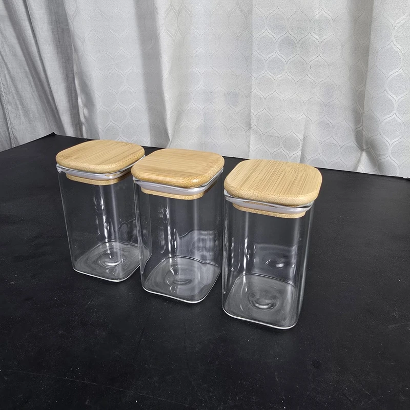 3 Pcs Airtight Glass Cookie Jar bambo lid squwer 280 ml 46.44
