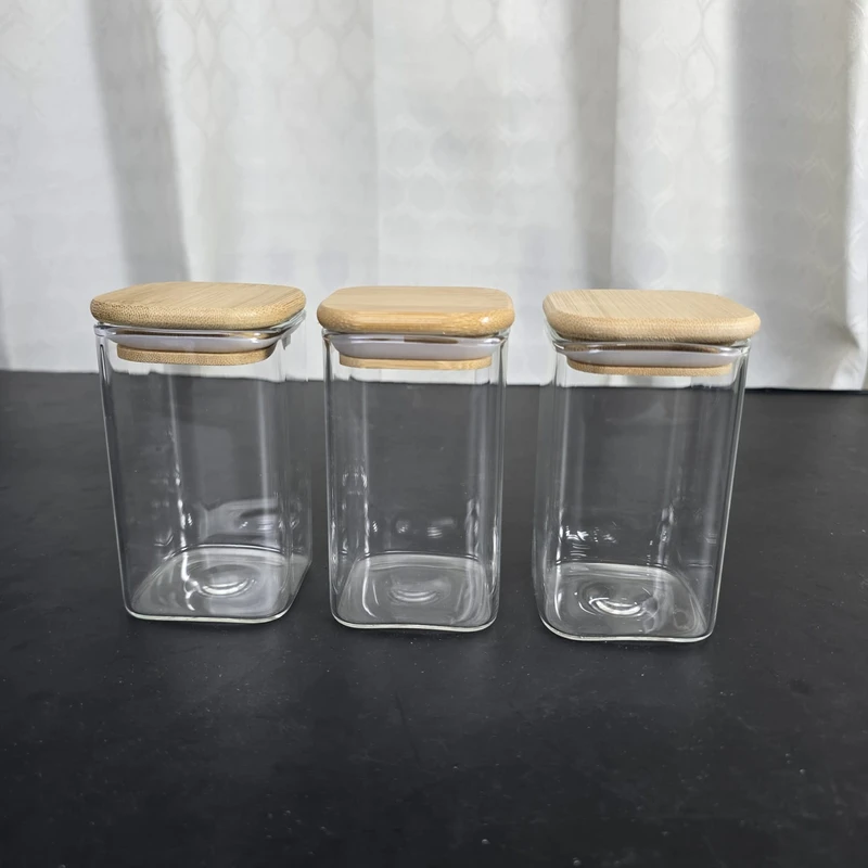 3 Pcs Airtight Glass Cookie Jar bambo lid squwer 280 ml 46.44 - Image 3