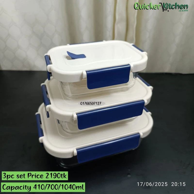 Airtight Food Storage Bati Set – 3 Pieces White Blue