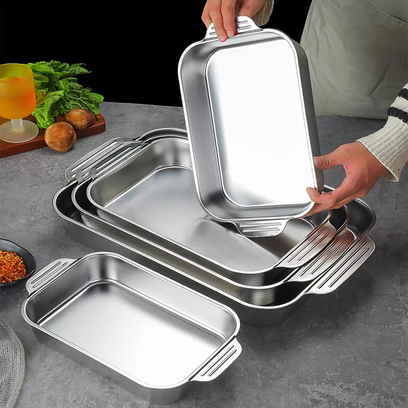 4 Pcs Stainless Steel Rectangular Baking Pan with Handle Non-Stick Kitchen Fruit Bread Pastry Deepening Food Bake Tray Bakeware Baking