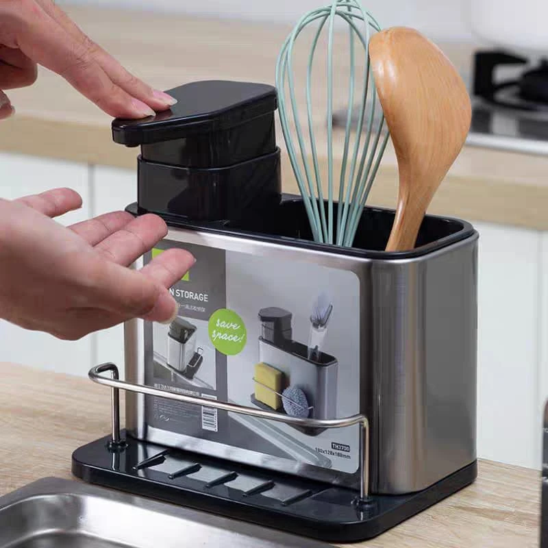 Kitchen Soap Dispenser with Sponge Holder Multifunctional Stainless Steel Sink Organizer for Dish Detergent Brush Sponge