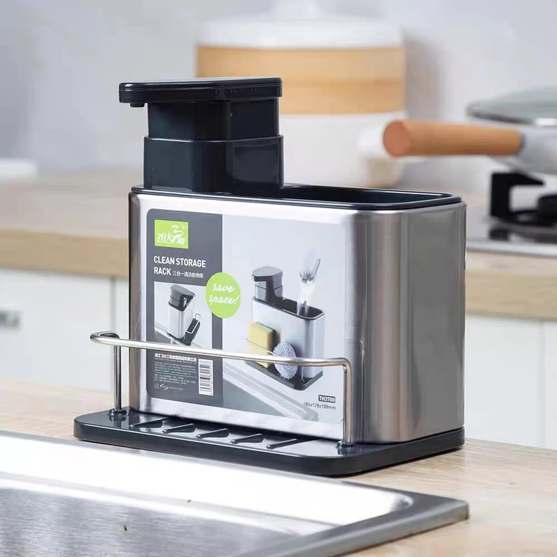 Kitchen Soap Dispenser with Sponge Holder Multifunctional Stainless Steel Sink Organizer for Dish Detergent Brush Sponge