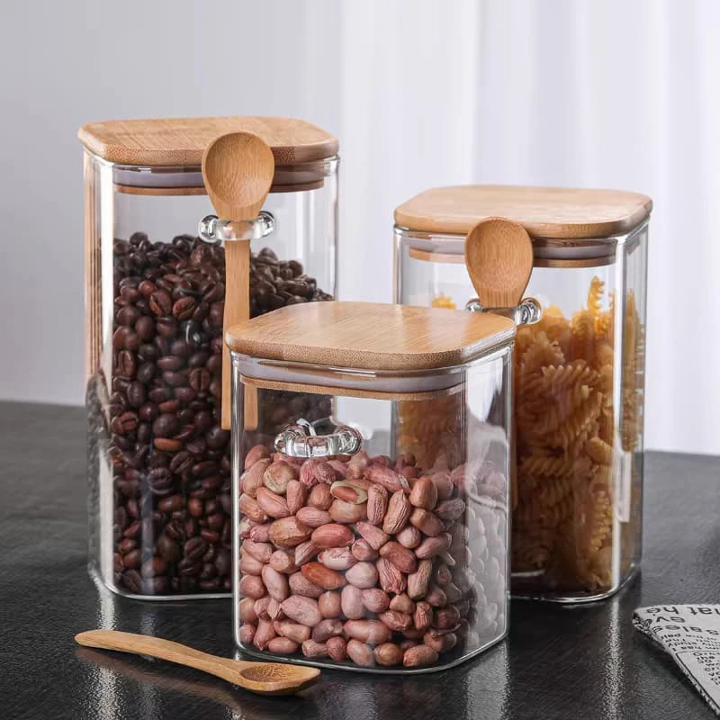 3 Pcs Airtight Glass Cookie Jar Squwer with Spoon