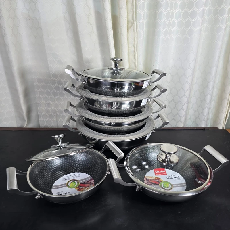 Bothe side Honeycomb Design Stainless Steel Non-Stick Cookware / Karai with Lid