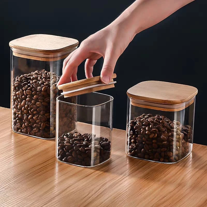 3 Pcs Airtight Glass Cookie Jar bambo lid squwer