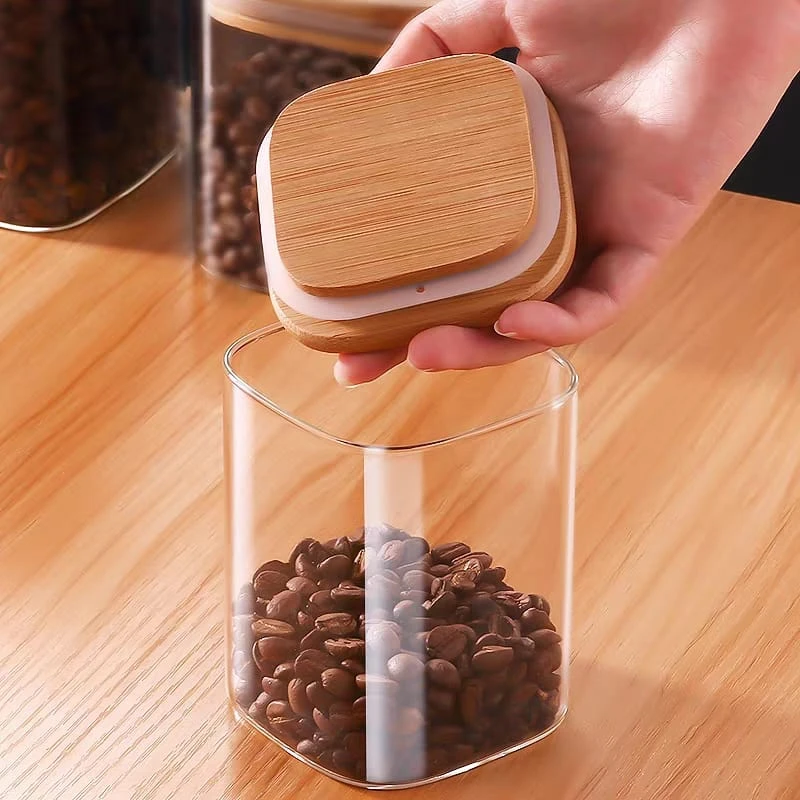 3 Pcs Airtight Glass Cookie Jar bambo lid squwer