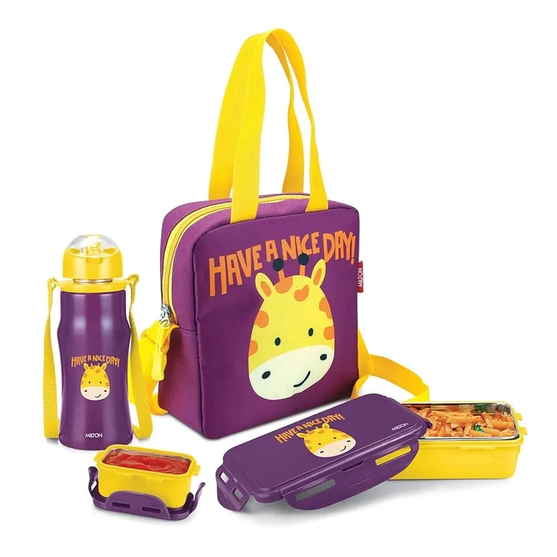 MILTON Kidz Combo Tiffin (2 Inner Steel Containers, 650 ml; 1 Stainless Steel Bottle, 415 ml) with Insulated Fabric Jacket, Purple, Odour Proof, Leak Proof, Easy to Carry, Food Grade