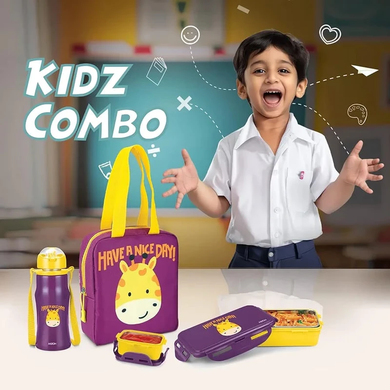MILTON Kidz Combo Tiffin (2 Inner Steel Containers, 650 ml; 1 Stainless Steel Bottle, 415 ml) with Insulated Fabric Jacket, Purple, Odour Proof, Leak Proof, Easy to Carry, Food Grade