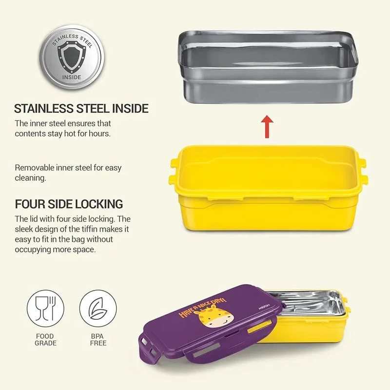 MILTON Kidz Combo Tiffin (2 Inner Steel Containers, 650 ml; 1 Stainless Steel Bottle, 415 ml) with Insulated Fabric Jacket, Purple, Odour Proof, Leak Proof, Easy to Carry, Food Grade - Image 3
