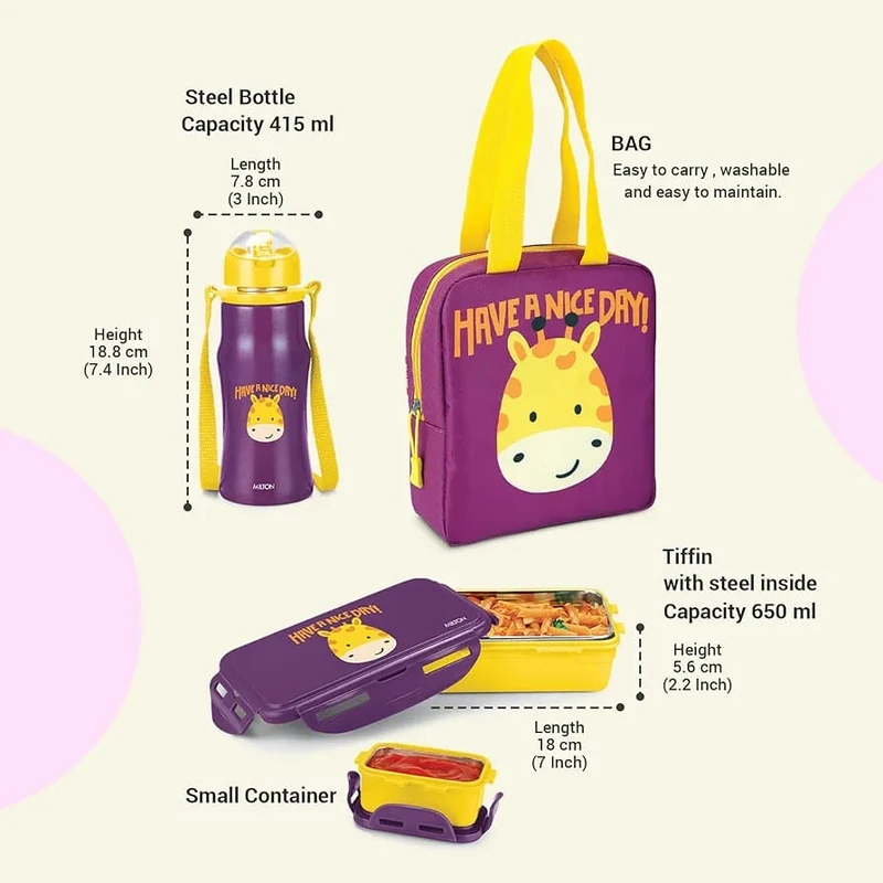 MILTON Kidz Combo Tiffin (2 Inner Steel Containers, 650 ml; 1 Stainless Steel Bottle, 415 ml) with Insulated Fabric Jacket, Purple, Odour Proof, Leak Proof, Easy to Carry, Food Grade - Image 7