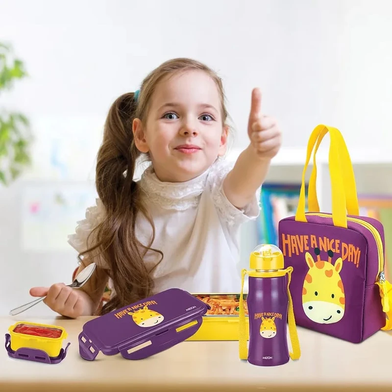MILTON Kidz Combo Tiffin (2 Inner Steel Containers, 650 ml; 1 Stainless Steel Bottle, 415 ml) with Insulated Fabric Jacket, Purple, Odour Proof, Leak Proof, Easy to Carry, Food Grade - Image 8