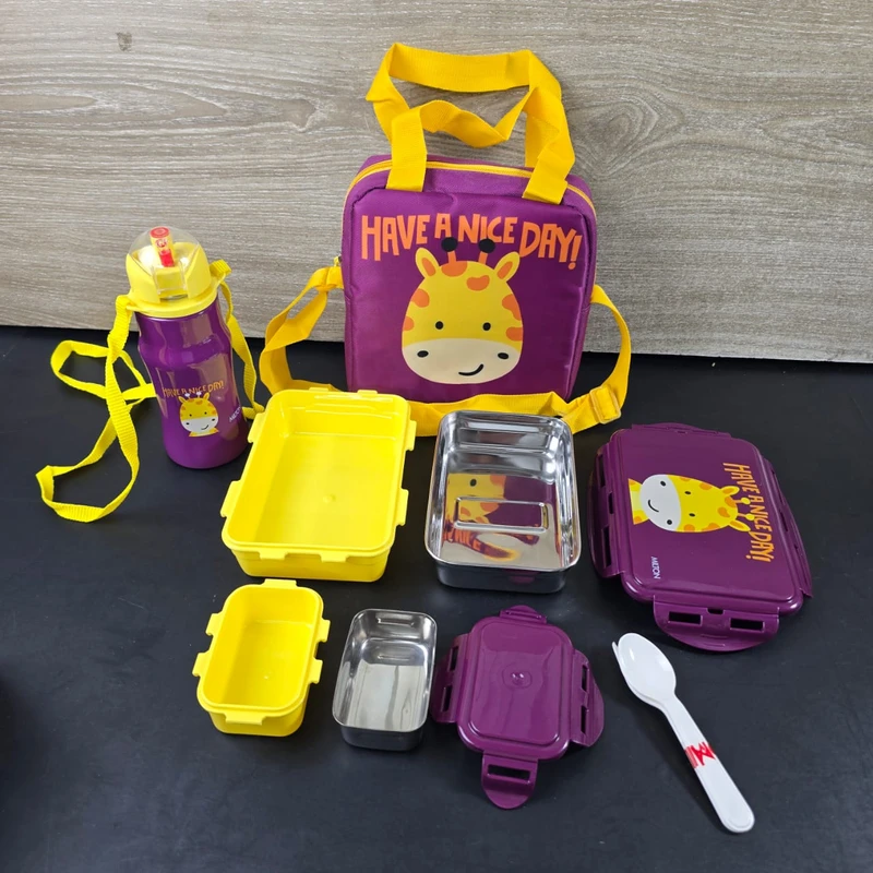 MILTON Kidz Combo Tiffin (2 Inner Steel Containers, 650 ml; 1 Stainless Steel Bottle, 415 ml) with Insulated Fabric Jacket, Purple, Odour Proof, Leak Proof, Easy to Carry, Food Grade - Image 10