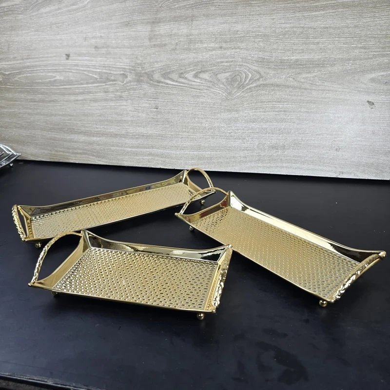 European Delicate Fruit Plate, Luxury Gold Tray, Fruit Plate, Home Cake Tray 3pcs set - Image 3