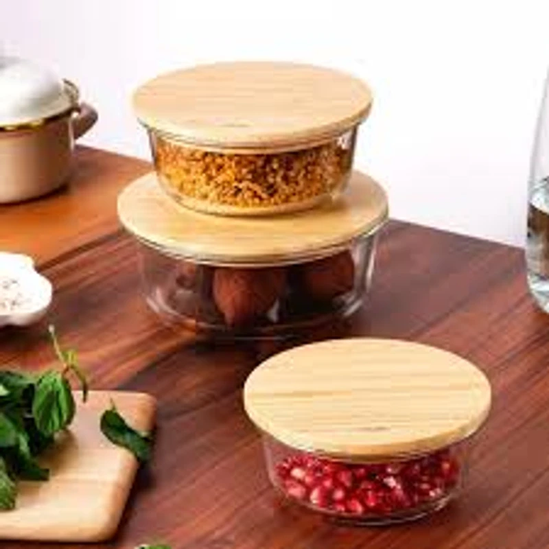 Perx 3 Pcs Glass Lunch Box Set – Fruit Refrigerator Fresh Food Storage Containers with Wooden Lids (Microwave Oven Safe | Bento Box Style | Rectangular) - Image 10