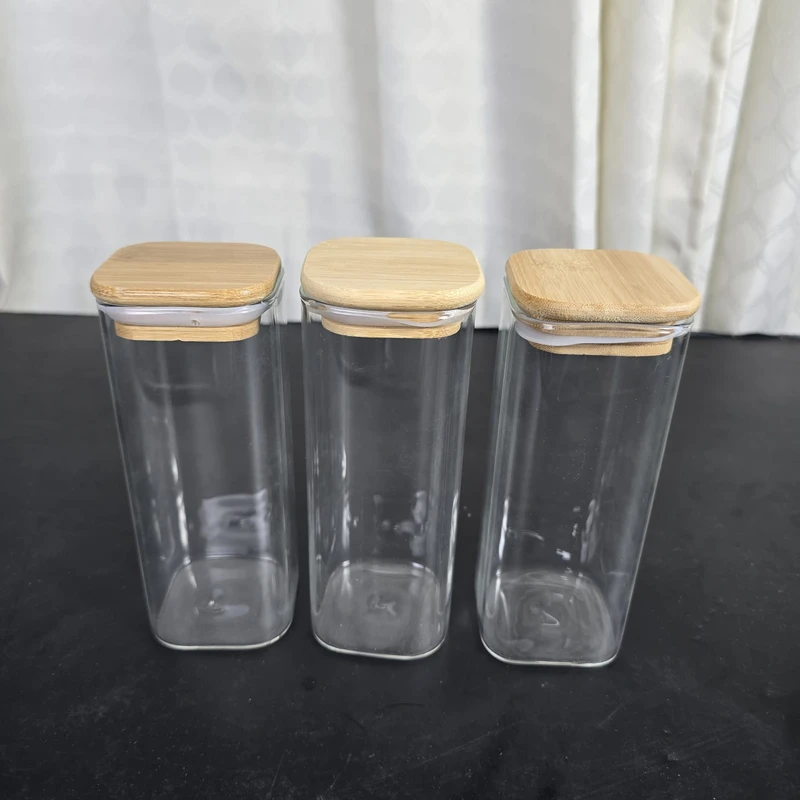 3 Pcs Airtight Glass Cookie Jar bambo lid squwer 450 ml 46.46