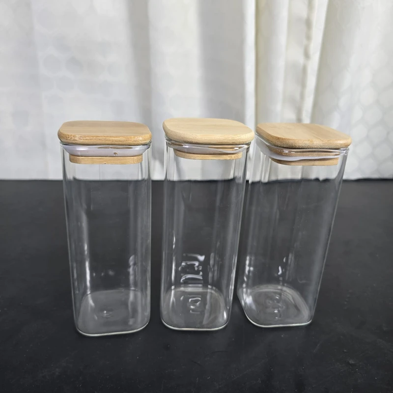 3 Pcs Airtight Glass Cookie Jar bambo lid squwer 450 ml 46.46