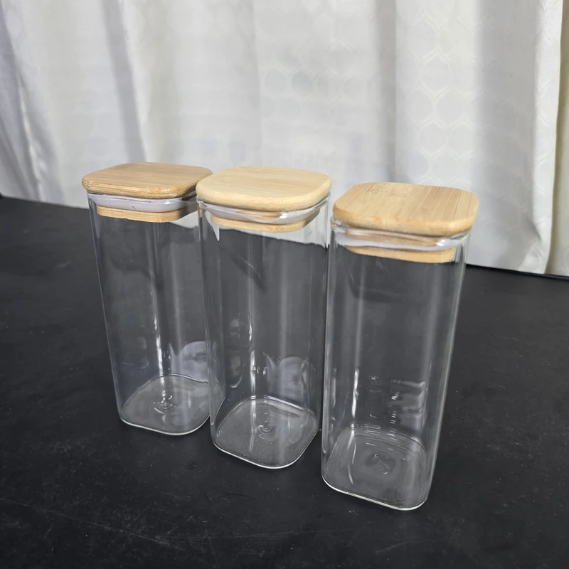 3 Pcs Airtight Glass Cookie Jar bambo lid squwer 450 ml 46.46 - Image 3