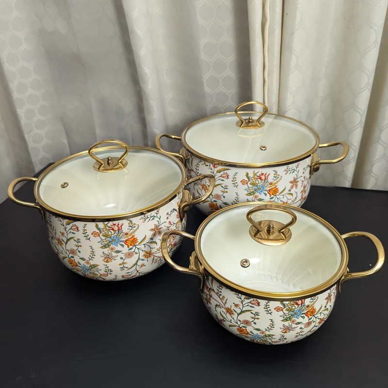 Enamel Soup Pot Retro Flower Bird Binaural Large Capacity Stew Pot with Lid Home Enamel Utensils for Kitchen Delicate Cookware