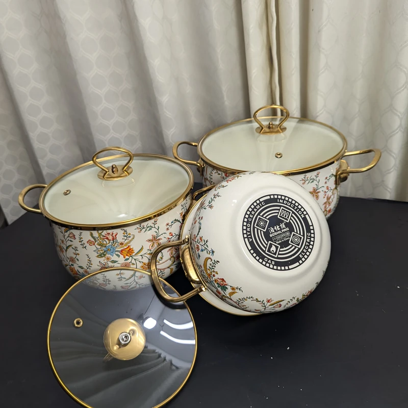 Enamel Soup Pot Retro Flower Bird Binaural Large Capacity Stew Pot with Lid Home Enamel Utensils for Kitchen Delicate Cookware - Image 3