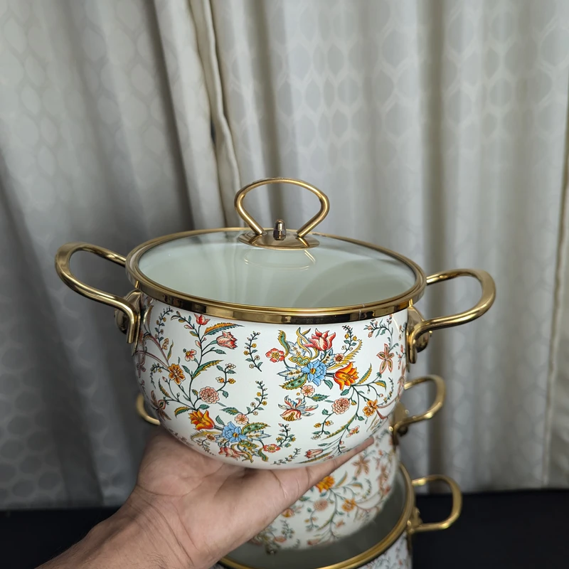 Enamel Soup Pot Retro Flower Bird Binaural Large Capacity Stew Pot with Lid Home Enamel Utensils for Kitchen Delicate Cookware - Image 4