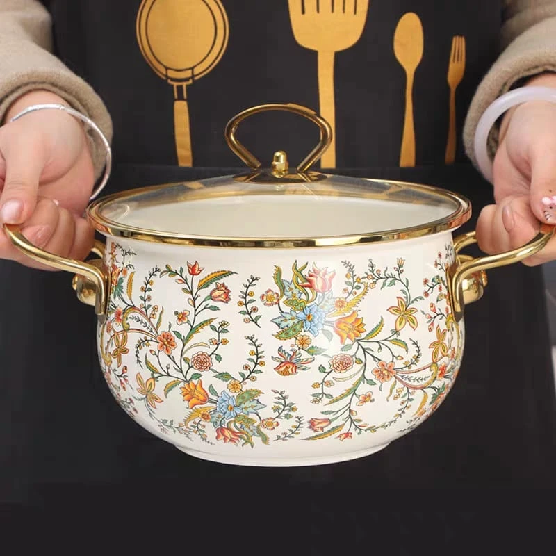 Enamel Soup Pot Retro Flower Bird Binaural Large Capacity Stew Pot with Lid Home Enamel Utensils for Kitchen Delicate Cookware