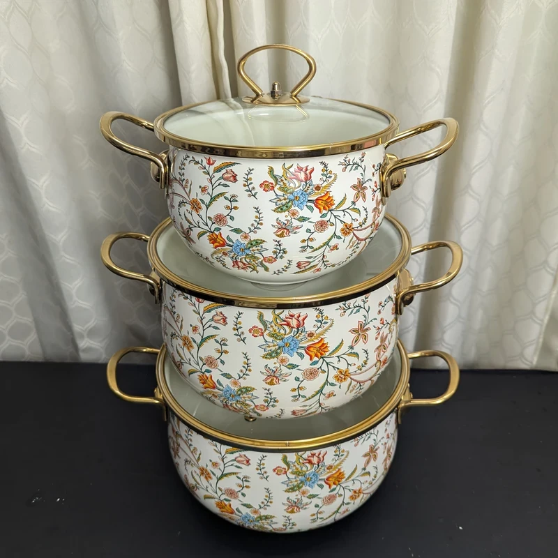 Enamel Soup Pot Retro Flower Bird Binaural Large Capacity Stew Pot with Lid Home Enamel Utensils for Kitchen Delicate Cookware - Image 7