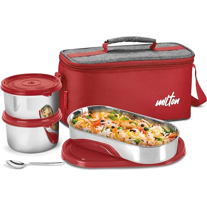 MILTON Steel Champ Lunch Box (2 Round Inner Steel Containers 340ml Each, 1 Oval Container 450ml; Steel Cutleries)